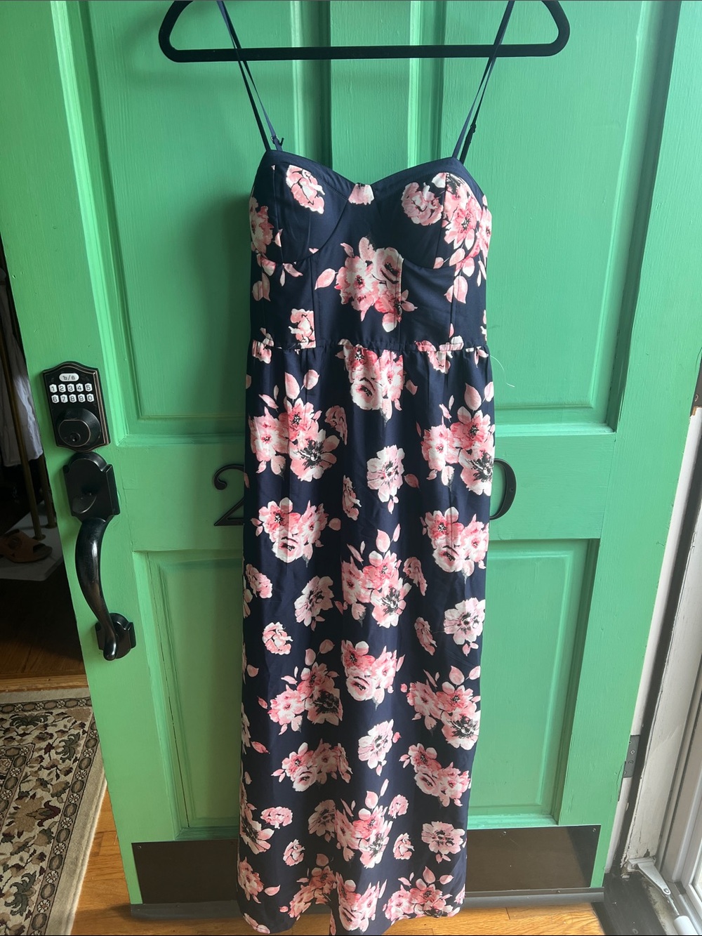 Band of Gypsies Navy bodice maxi Dress with Pink Floral Print - pocket size sma